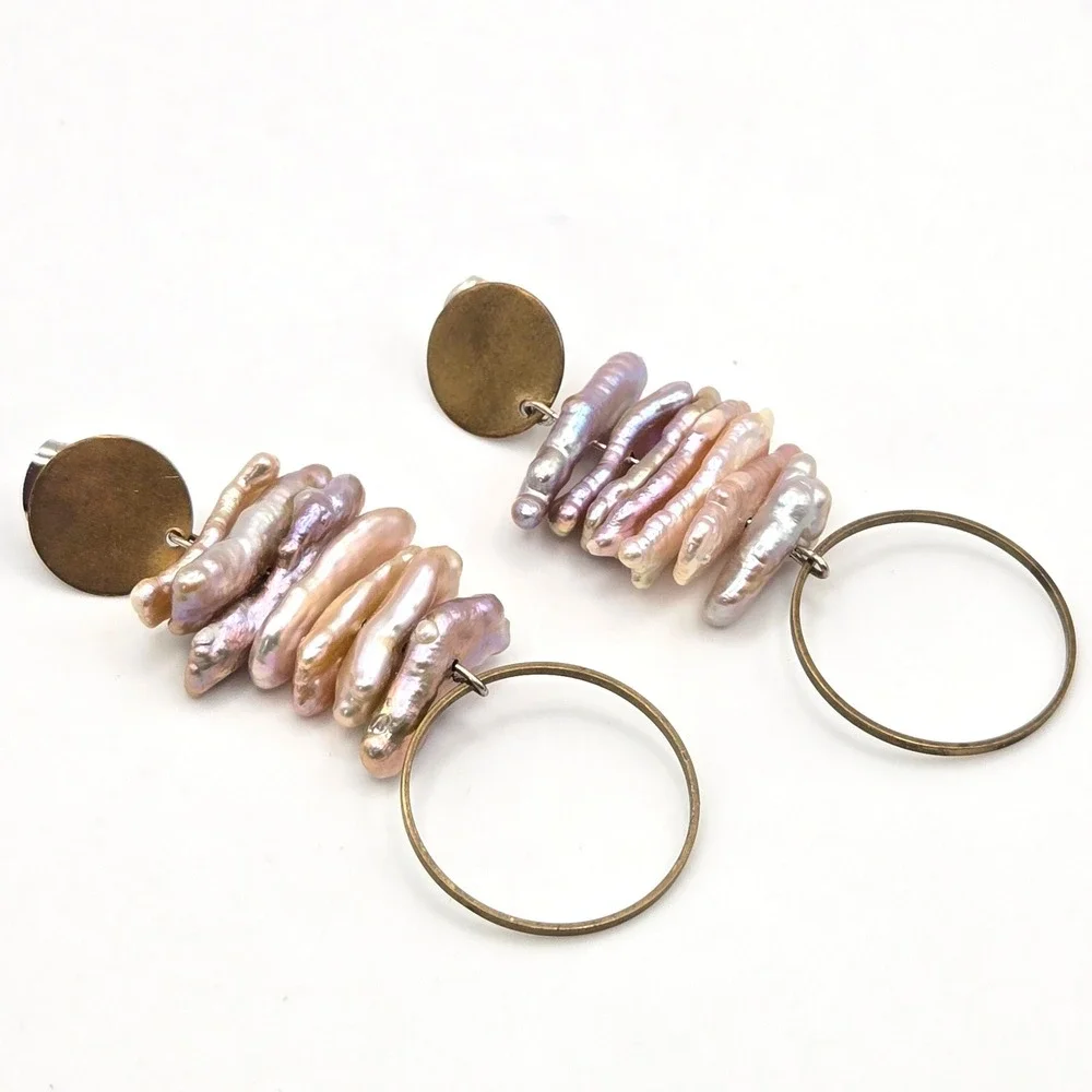 Biwa Freshwater‎ Stick Pearl Stacked Drop Earrings Brass Hoops Modern Artisan